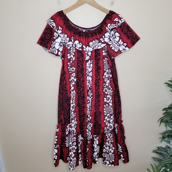 Vintage Royal Creations Red Hawaiian Floral Off Shoulder Midi Dress Size Medium - Picture 6 of 6